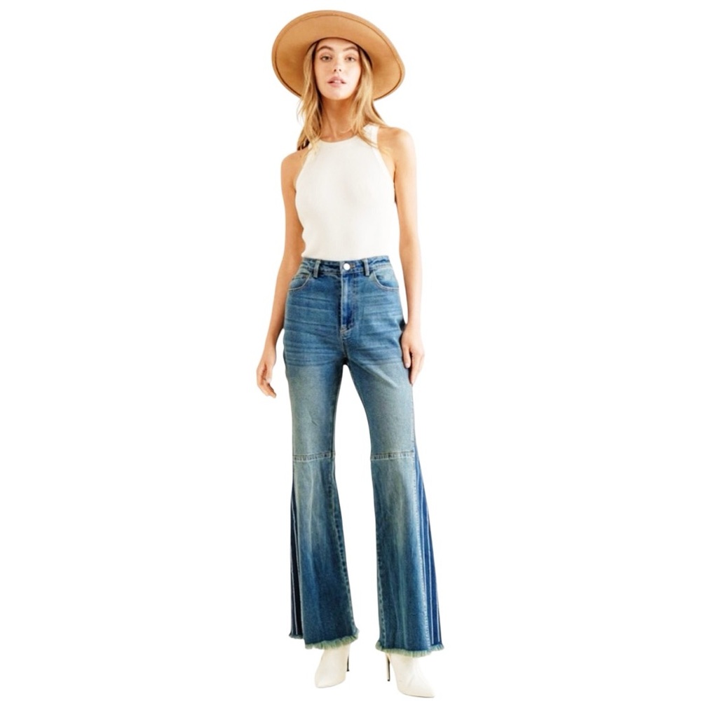 NEW blue b Medium Wash Washed Rhinestone Stripe Embellished Flare Denim Jeans